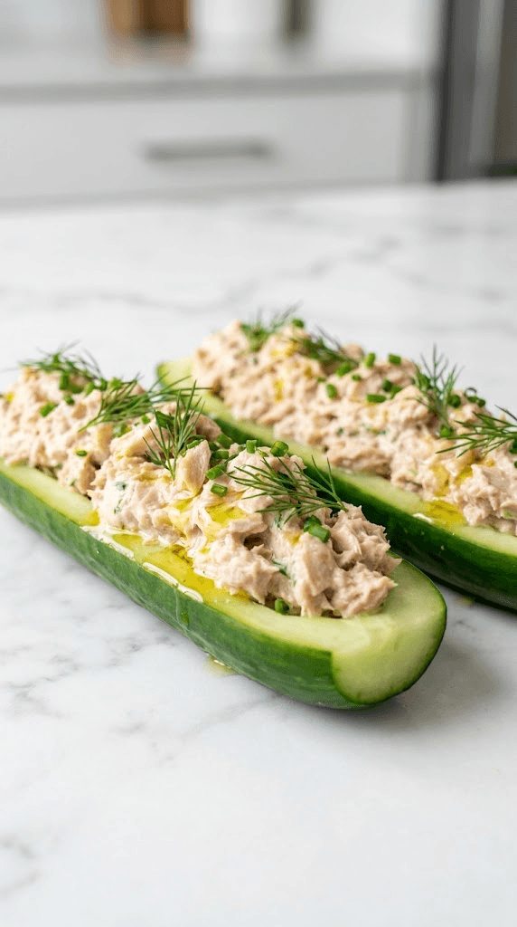 30 Minute Low Carb Tuna Stuffed Cucumber Boats