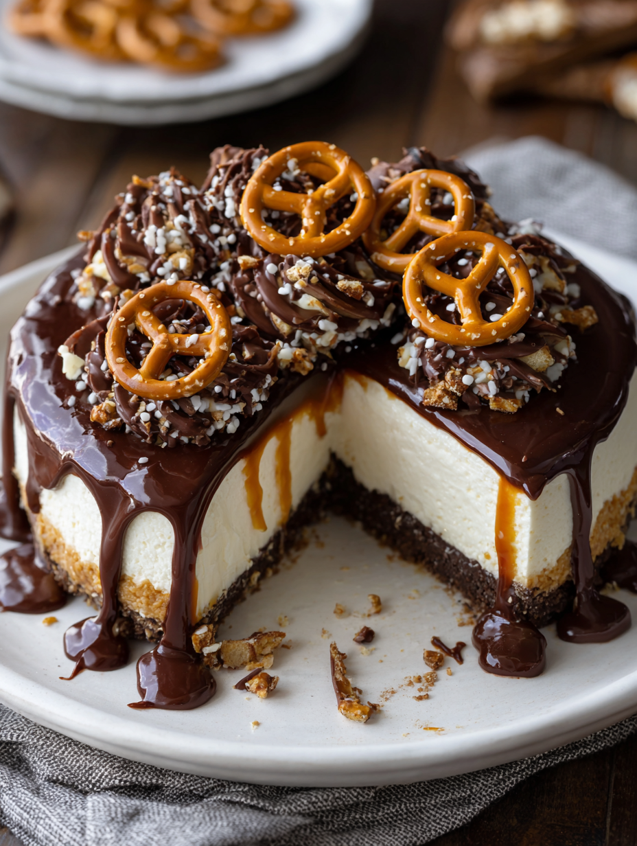 Chocolate Covered Pretzel No Bake Cheesecake