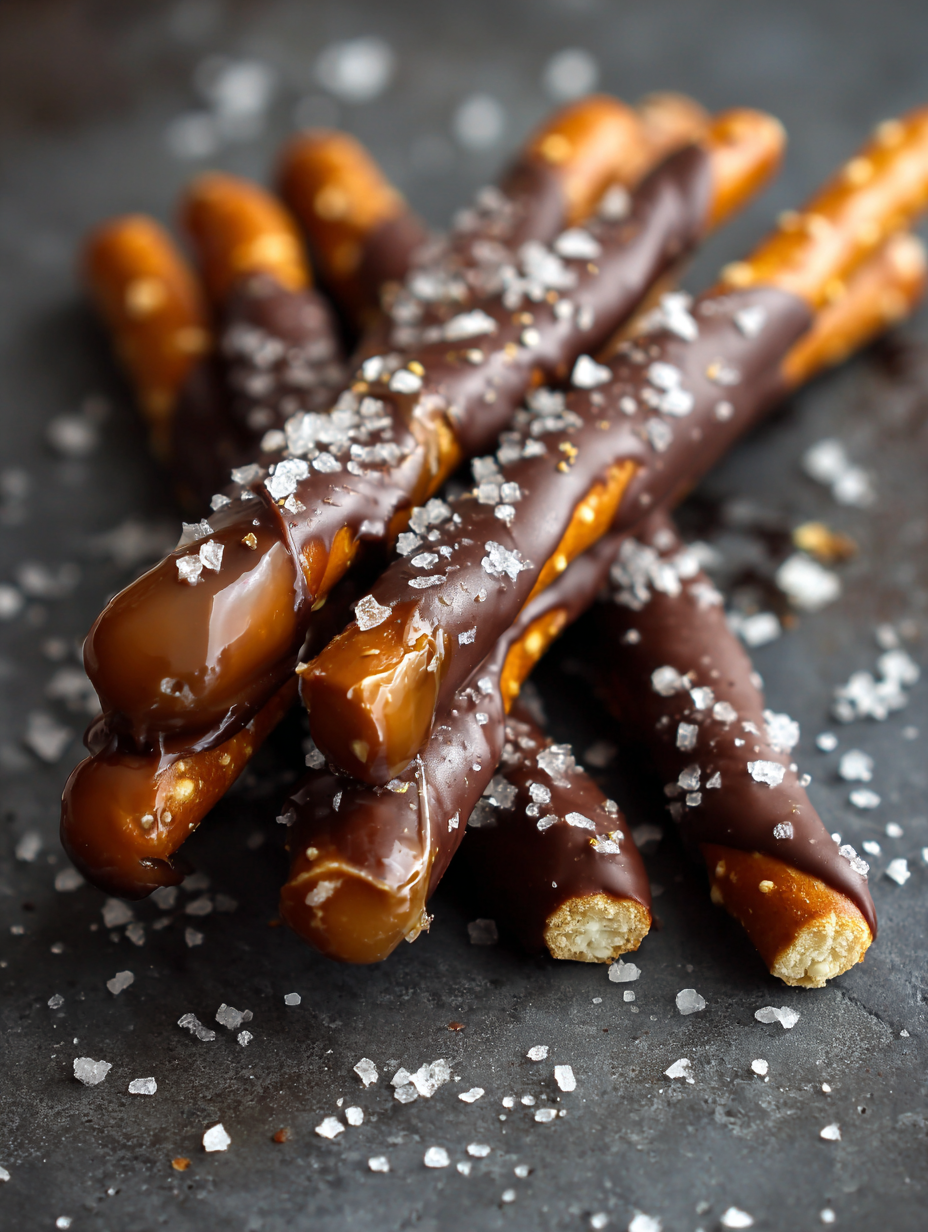 Chocolate Dipped Salted Caramel Pretzel Rods
