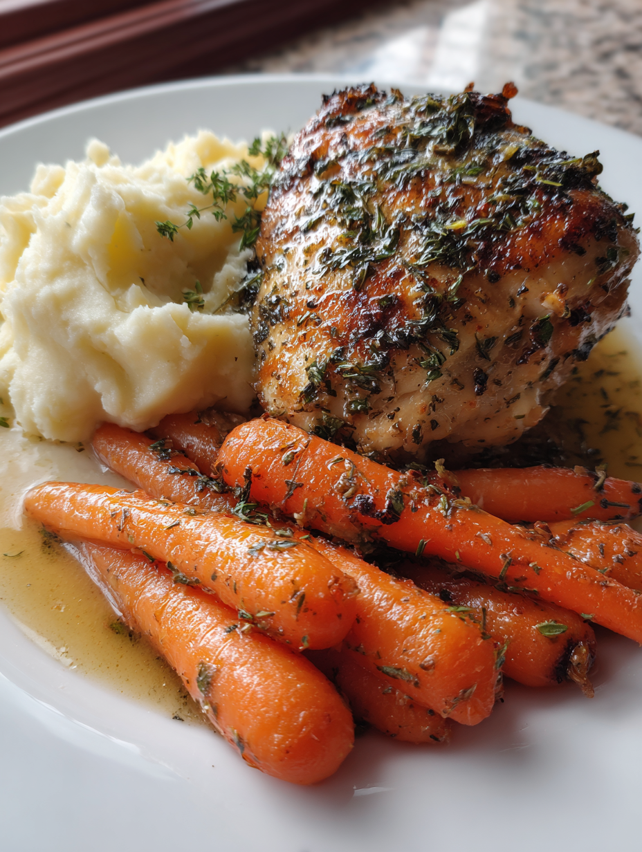Garlic Herb chicken with mashed potatoes and glazed carrots