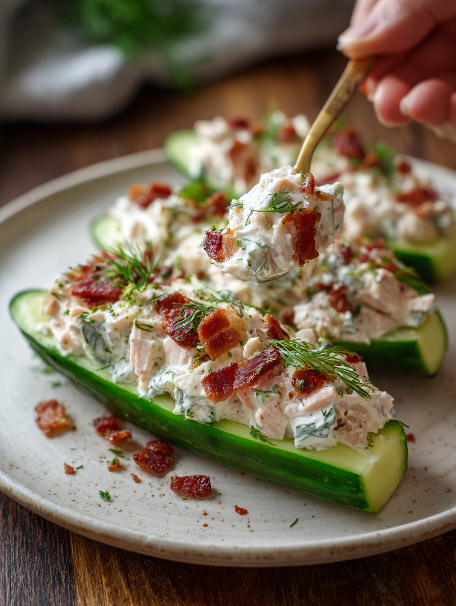 Low Carb Bacon Ranch Chicken Salad Cucumber Boats