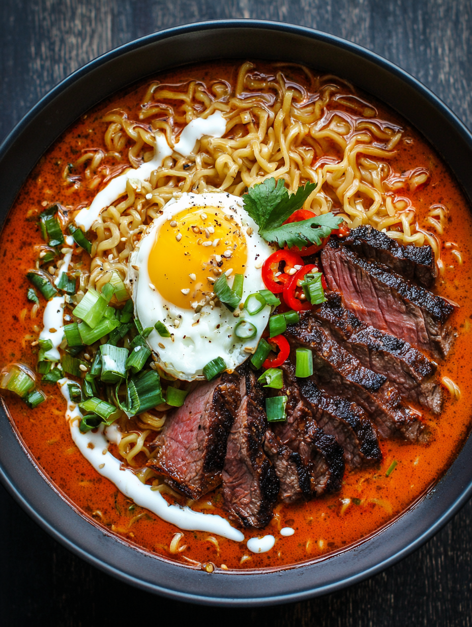 Spicy Korean Ramen with Grilled Beef & Creamy Sauce