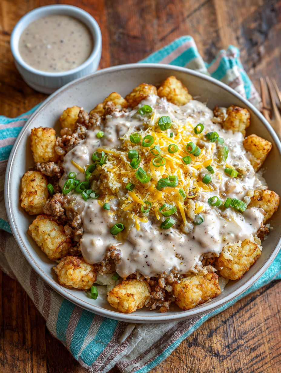 Tater Tot Breakfast Bowl with Sausage Gravy